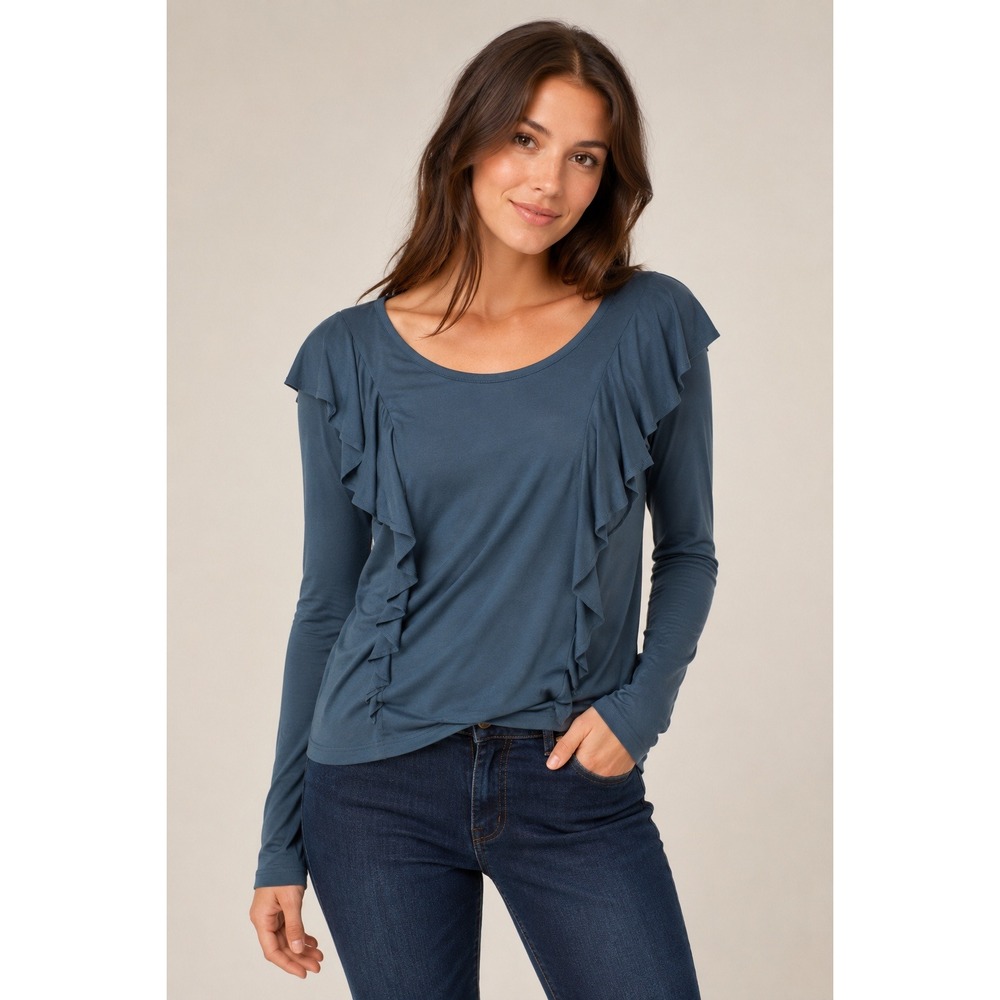 Frye Ruffle Trim Top Women XS Mallica Blue NEW Long Sleeve Scoop Neck